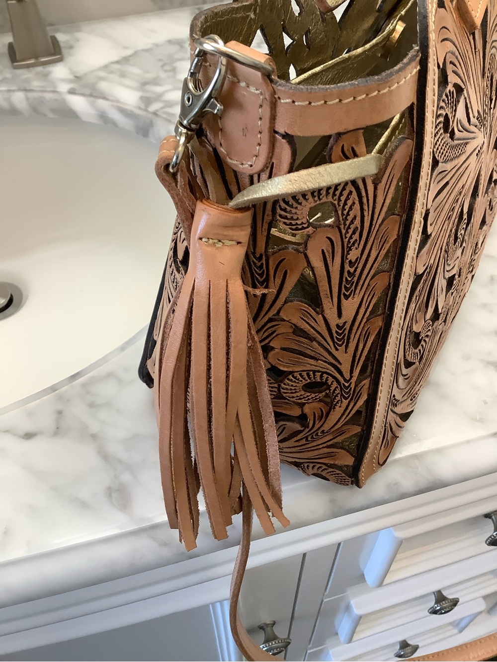 Tan Floral Tooled Leather Crossbody Bag with Tassel Accents - Picture 8 of 11